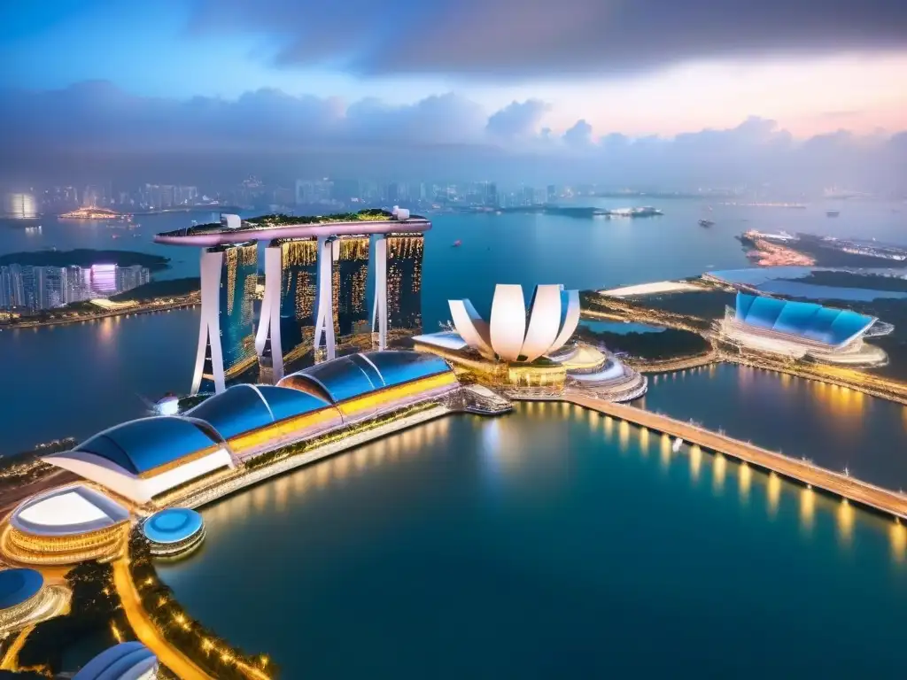Invertir en mercado inmobiliario Sudeste Asiático: Una impresionante vista aérea de Singapur de noche, con el icónico Marina Bay Sands y las luces de la ciudad reflejadas en el agua, simbolizando un mercado prometedor y dinámico