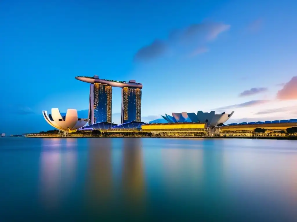 Horizonte de Marina Bay Sands al atardecer en Singapur Invertir en mercado inmobiliario Sudeste Asiático: Ciudad vibrante de Singapur con Marina Bay Sands al anochecer