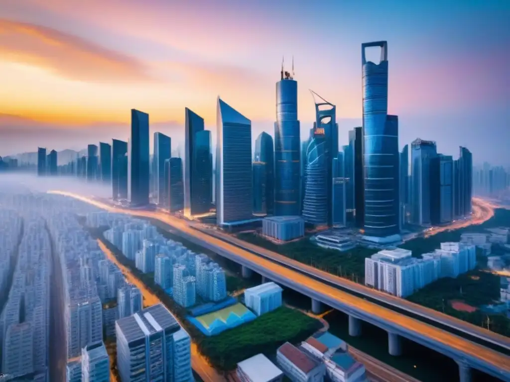 Horizonte urbano vibrante del Sudeste Asiático al atardecer Invertir en mercado inmobiliario Sudeste Asiático: Ciudad moderna al atardecer con rascacielos y ajetreo urbano