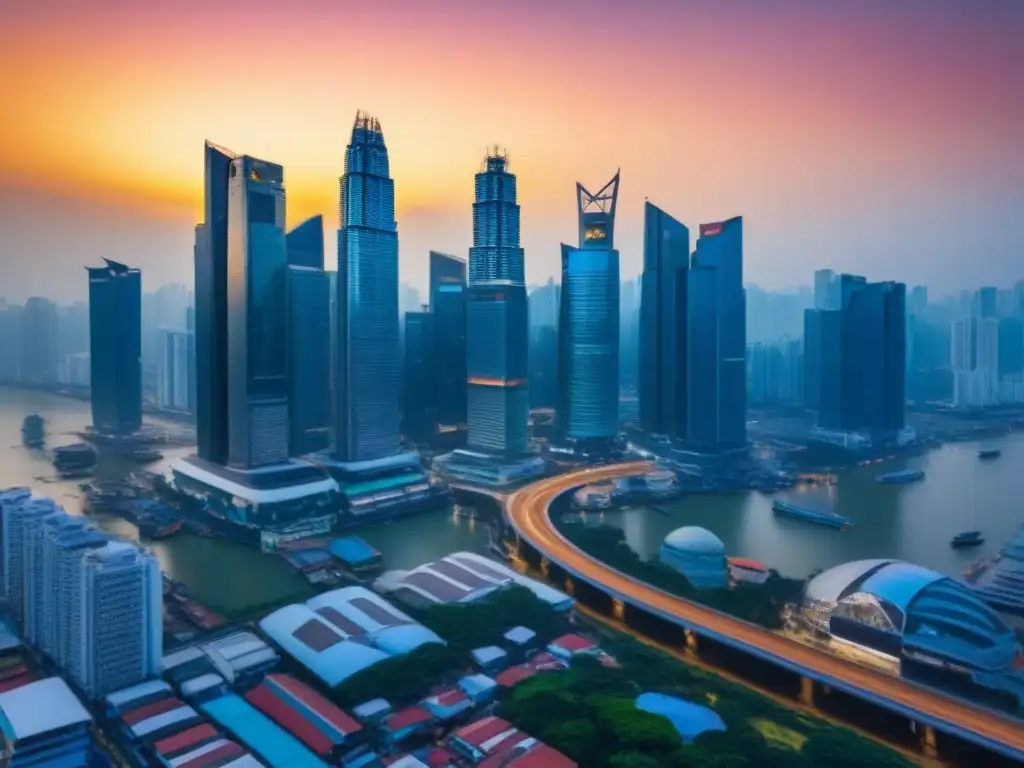 Inversión inmobiliaria en Asia: skyline dinámico al atardecer Invertir en mercado inmobiliario Sudeste Asiático: Una ciudad bulliciosa al atardecer, con rascacielos y gente de negocios