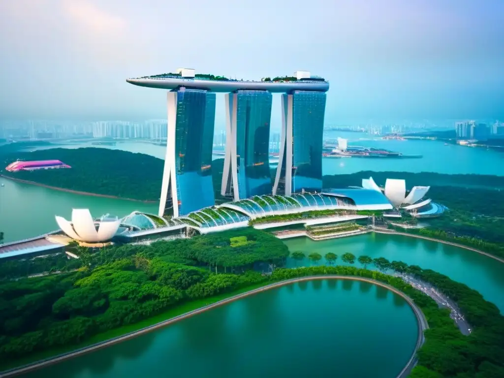 Skyline de Singapur: Futurismo y Naturaleza en Armonía Invertir en mercado inmobiliario Sudeste Asiático: Vista aérea impresionante del skyline de Singapur, con Marina Bay Sands, rascacielos y jardines