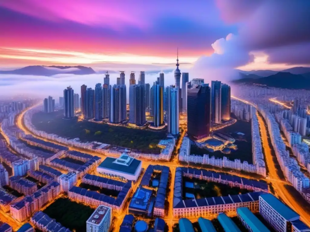 Horizonte urbano del Sudeste Asiático al atardecer Invertir en mercado inmobiliario Sudeste Asiático: Ciudad vibrante con arquitectura tradicional y rascacielos modernos bajo un atardecer espectacular