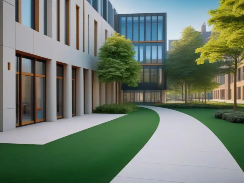 Universidad moderna: vida vibrante en campus en 8k Invertir en mercado inmobiliario universitario: Campus universitario bullicioso en día soleado, con modernos edificios rodeados de vegetación
