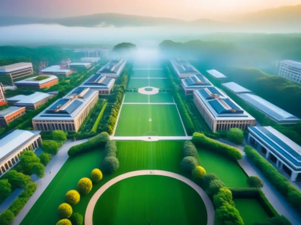 Campus universitario vibrante: inversiones y crecimiento Invertir en mercado inmobiliario universitario: Vista aérea de campus universitario dinámico, edificios modernos y estudiantes activos entre exuberante vegetación