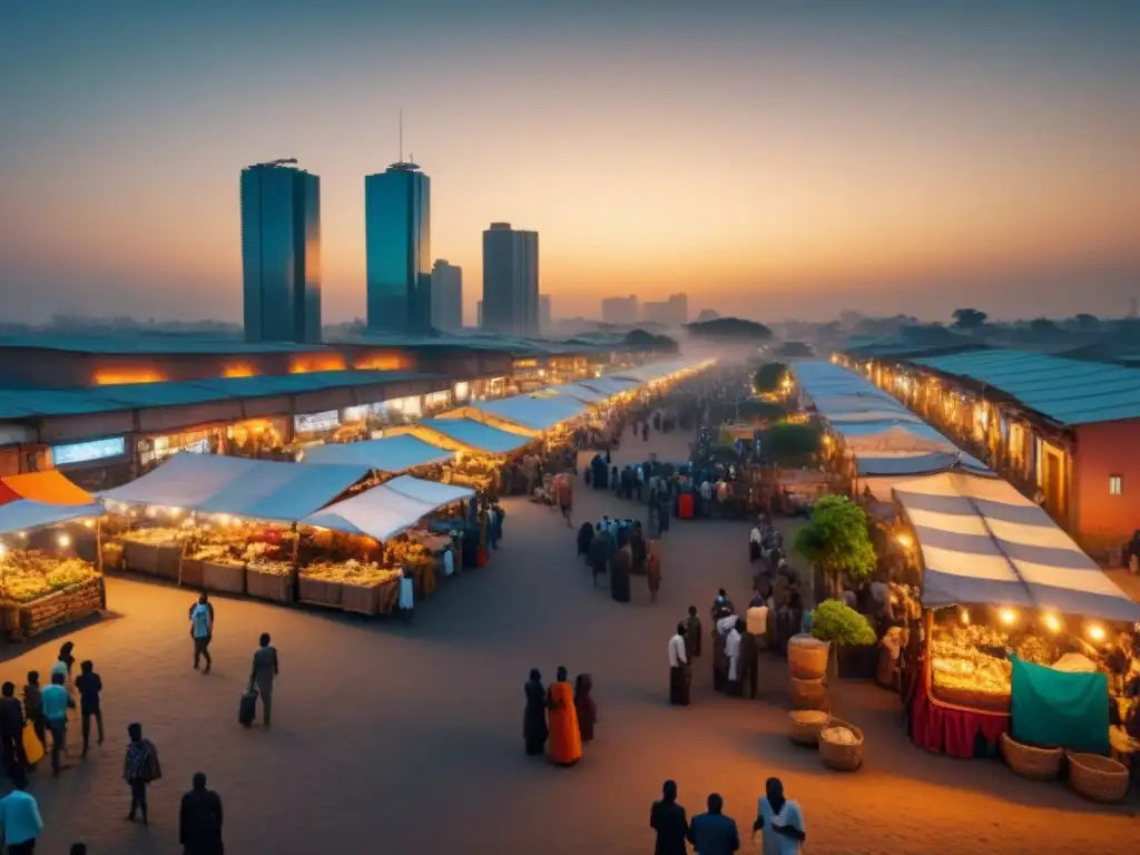 Mercado inmobiliario en África Subsahariana: evolución y diversidad Un mercado inmobiliario vibrante en África, con arquitectura tradicional y moderna, colores vibrantes y políticas gubernamentales