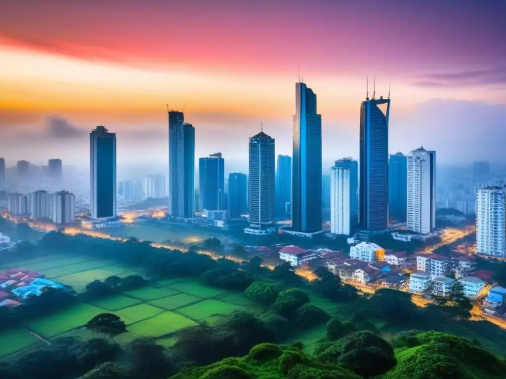 Espléndido atardecer en Colombo: inversión inmobiliaria vibrante Invertir en mercado inmobiliario Sri Lanka: Vista panorámica de Colombo al atardecer, con rascacielos modernos iluminados en un cielo colorido