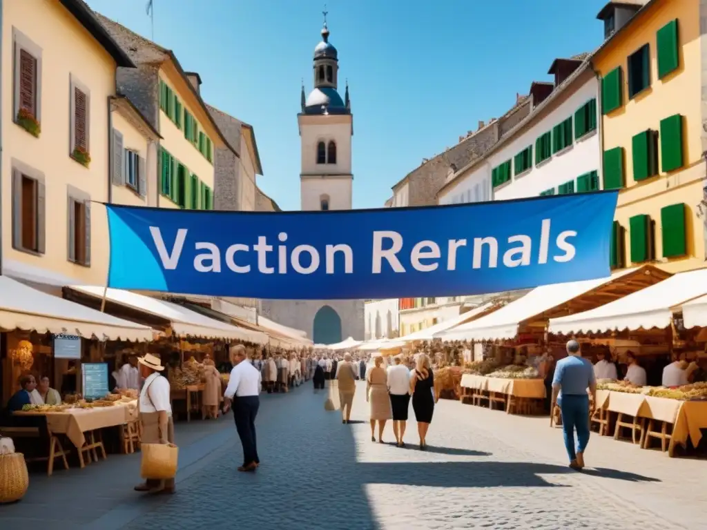 Mercado internacional: inversión en propiedades vacacionales Mercado internacional con publicidad propiedades vacacionales, turistas y arquitectura histórica en pintoresco pueblo europeo