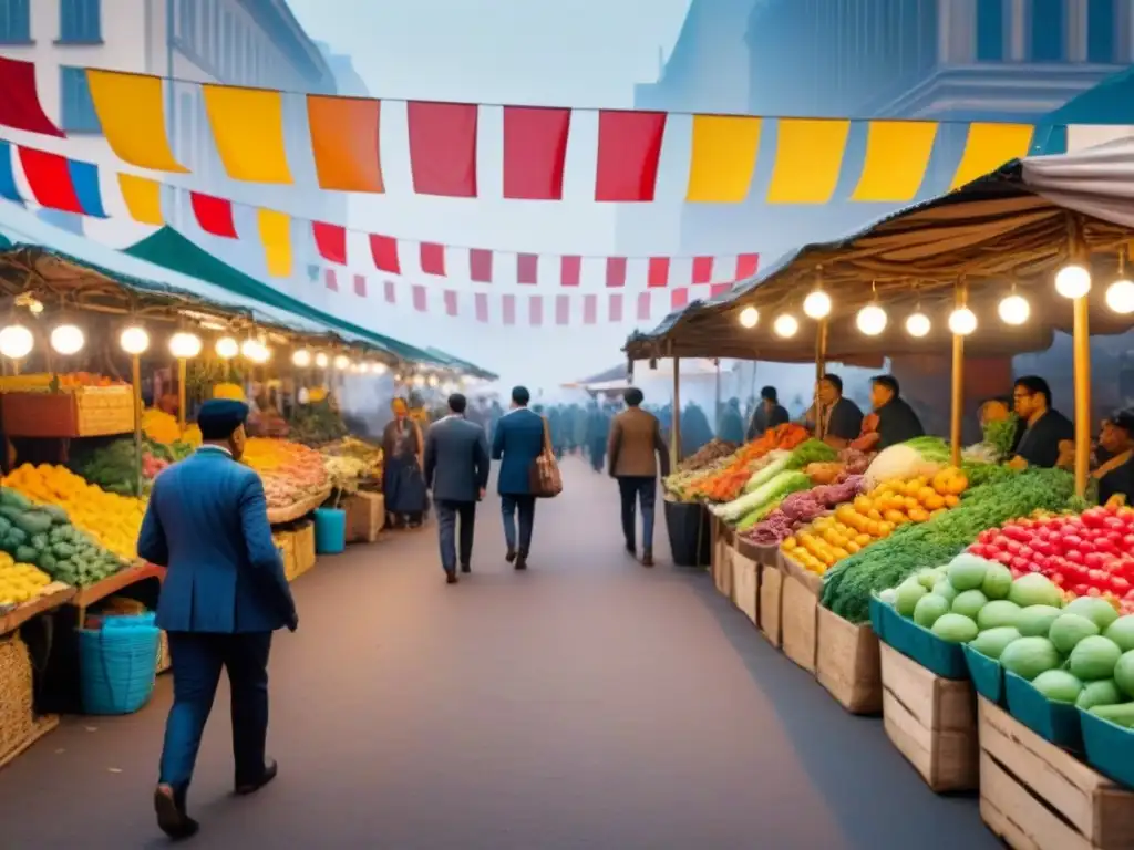 Mercado local vibrante: frutas, verduras y diversidad Un mercado local bullicioso en una ciudad vibrante, con diversidad de puestos y productos coloridos