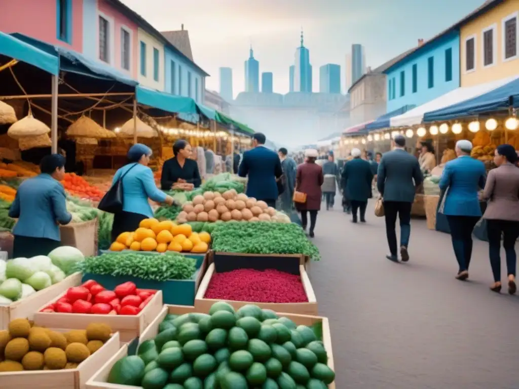 Mercado local vibrante: tradición y modernidad Un mercado local bullicioso con diversidad de personas y productos, reflejando inversión en mercado inmobiliario local