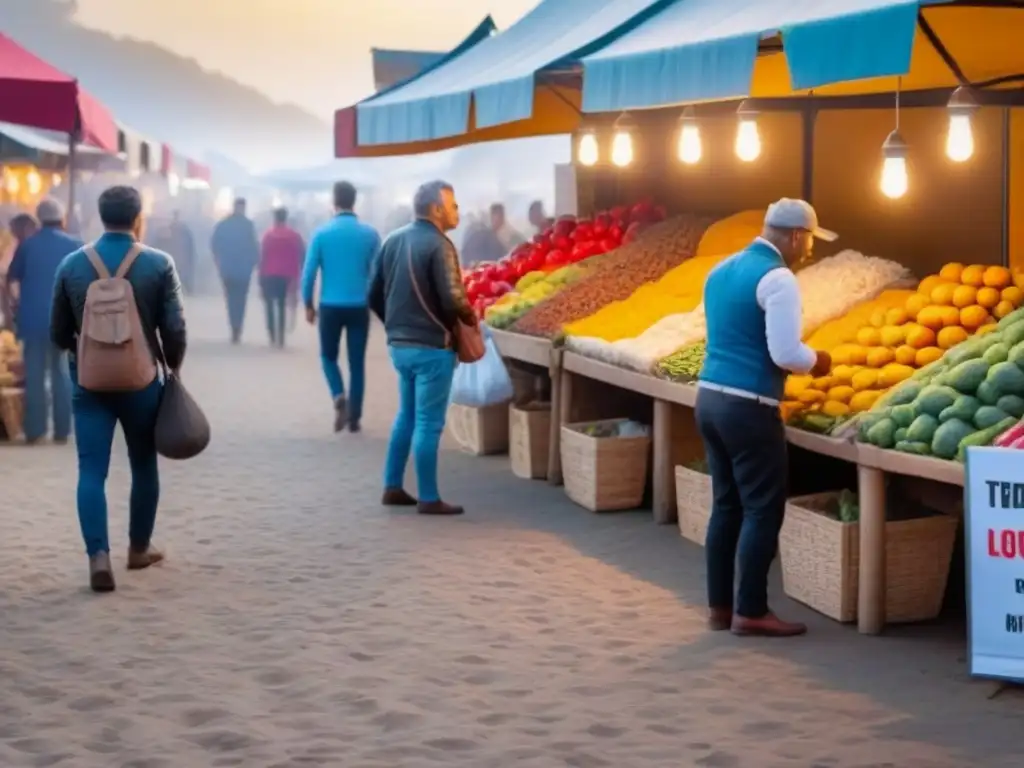 Mercado costero vibrante en 8k: colores y diversidad Un mercado local bullicioso en un pueblo costero vibrante, mostrando puestos coloridos con productos locales