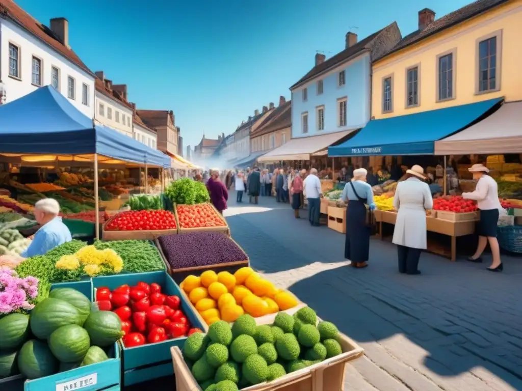 Mercado local vibrante: escena de diversidad y colorido Mercado local bullicioso con vendedores diversos y clientes animados en una plaza encantadora