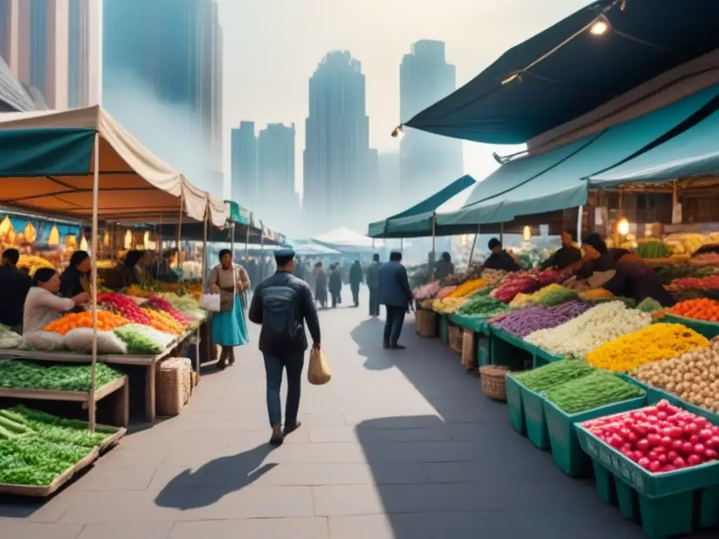 Escena vibrante de mercado local: diversidad y cultura en pleno auge Un mercado local vibrante y bullicioso, donde se venden productos frescos, flores y artículos hechos a mano