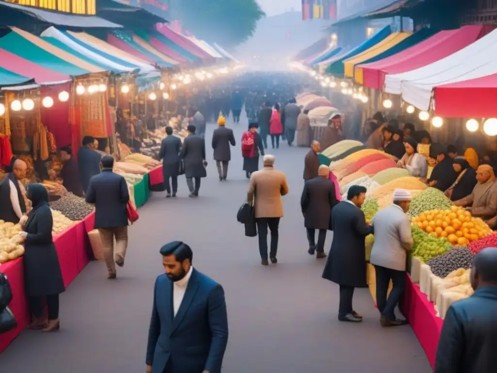 Mercado multicultural: tradición y modernidad en vibrante interacción Un mercado vibrante y bullicioso en una ciudad diversa, donde se fusionan elementos tradicionales y modernos, gente de diferentes culturas interactuando y compartiendo bienes, en un ambiente enérgico y dinámico que refleja el tema de adaptar tiempo compartido a mercados y culturas diversos