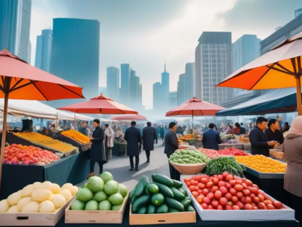 Mercado gastronómico vibrante: tradición y desarrollo urbano Un mercado vibrante y bullicioso, donde se mezclan colores y sabores locales