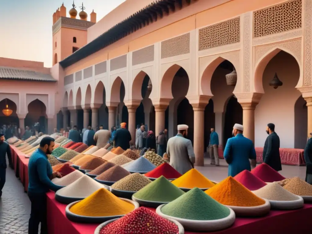 Mercado vibrante en Marrakech: colores, aromas y arquitectura Un mercado vibrante en Marrakech, Marruecos, con colores, arquitectura detallada y multitud diversa