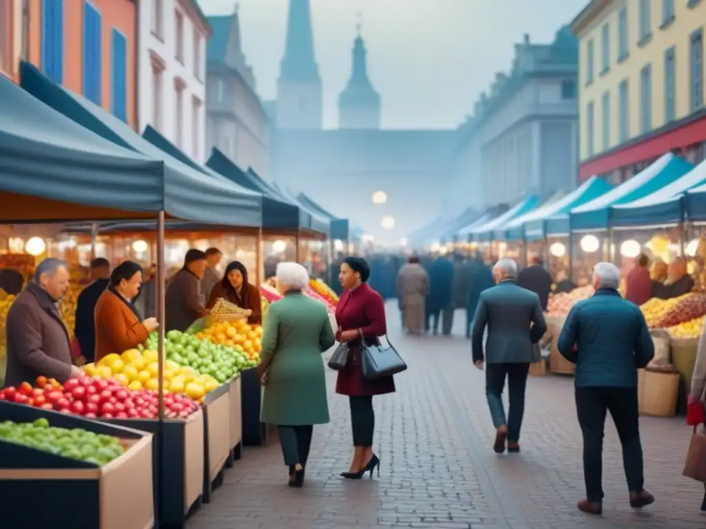 Mercado al aire libre con diversidad de personas en acción Un mercado vibrante con diversidad de personas y productos, mostrando la influencia psicología mercado inmobiliario