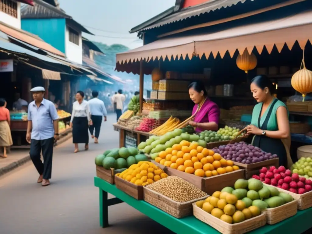Mercado vibrante en Chiang Mai: frutas, artesanías y shoppers Un mercado vibrante en Chiang Mai, Tailandia, lleno de frutas coloridas y artesanías locales