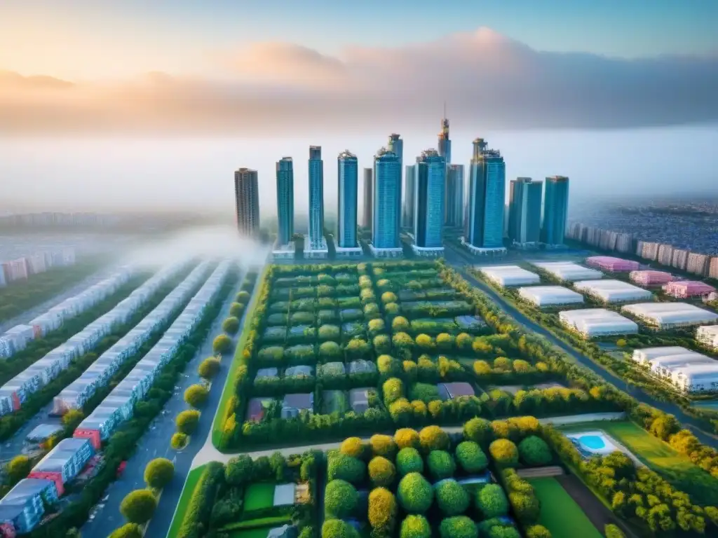 Cityscape vibrante: mercado inmobiliario internacional Invertir en mercado de vivienda asequible: vibrante ciudad con modernos rascacielos y complejos residenciales coloridos