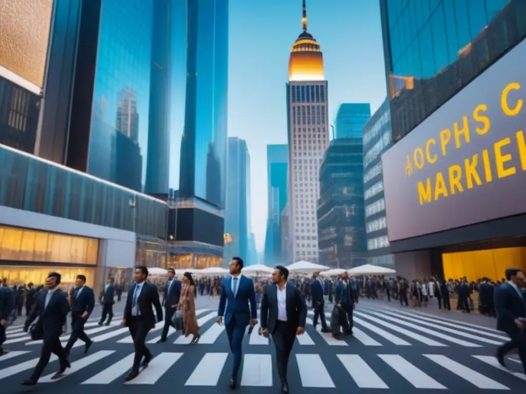 Metropolis financiera: vibrante y moderna Invertir en mercados emergentes: Distrito financiero bullicioso con rascacielos, profesionales ocupados y tickers de bolsa en tiempo real