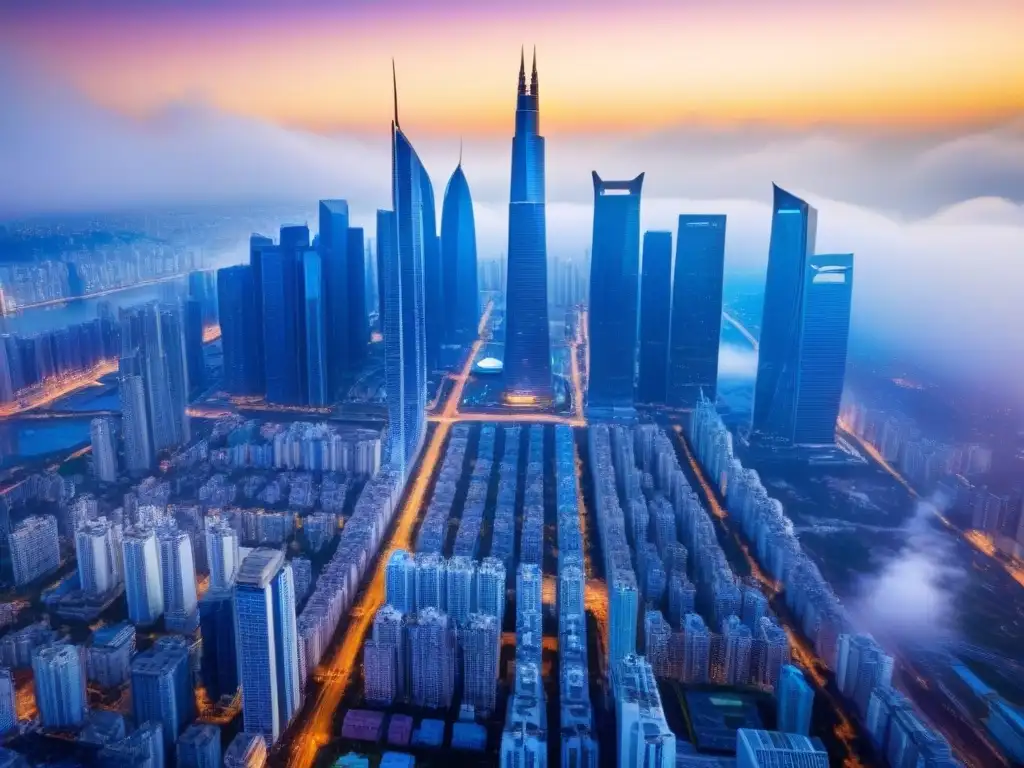 Metrópolis vibrante: transformación global y crecimiento urbano Rápida transformación de mercados emergentes por empresas globales en vibrante ciudad futurista