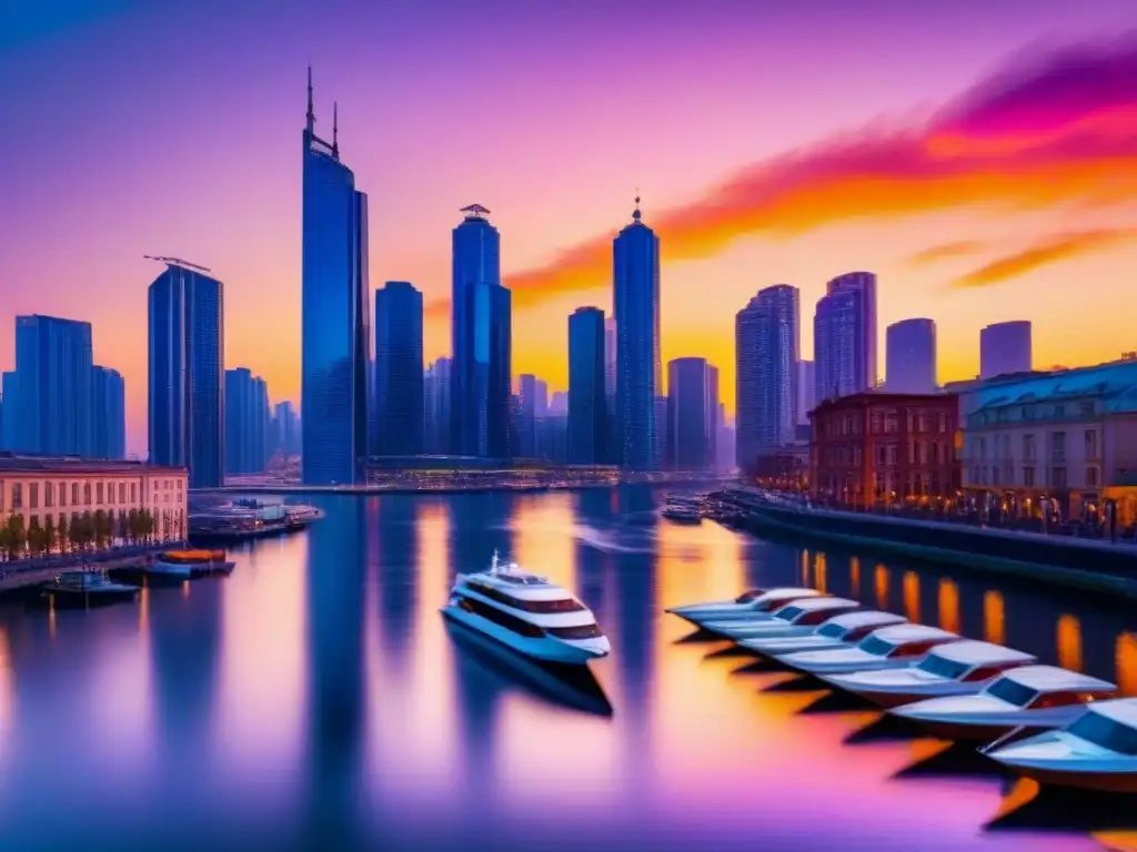 Horizonte urbano moderno al atardecer: rascacielos, río y cielo vibrante Invertir en Mercados Fronterizos Inmobiliarios: Ciudad moderna al atardecer con rascacielos y río animado reflejando el cielo vibrante