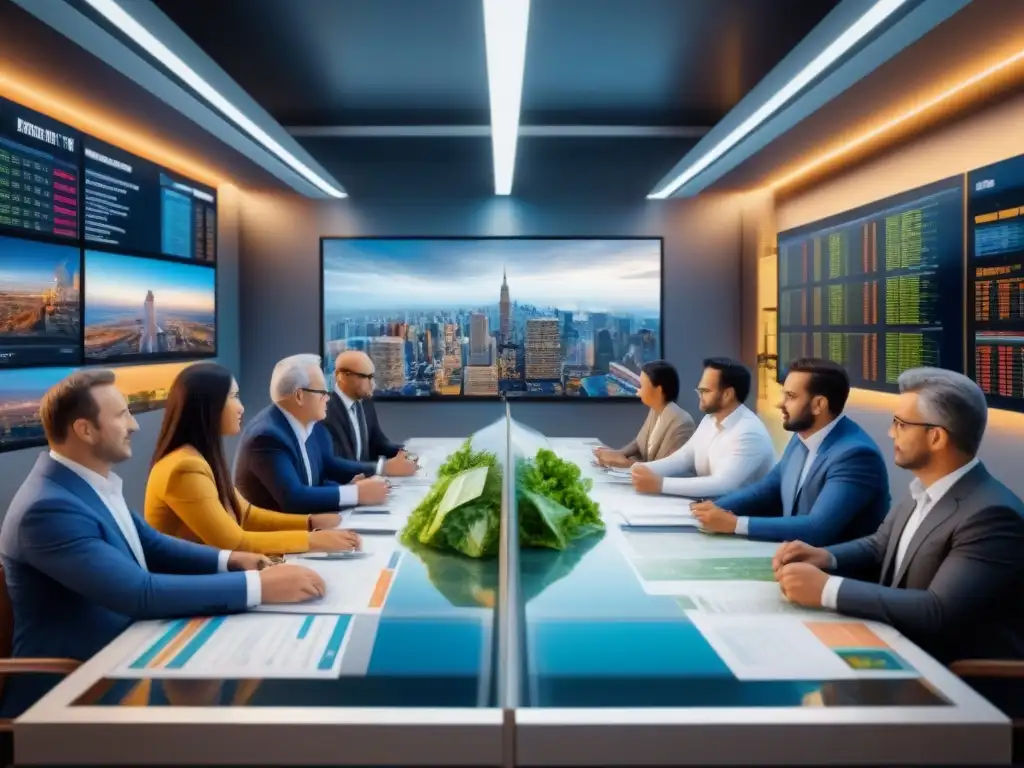 Inversores en mercado fronterizo: oportunidad y colaboración Invertir en Mercados Fronterizos Inmobiliarios: Una escena vibrante de mercado con inversionistas negociando en un ambiente moderno y diverso