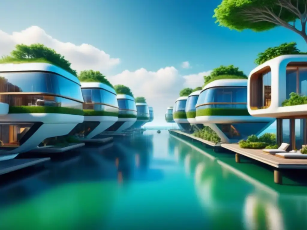 Cityscape futurista: casas flotantes, árboles y villas submarinas Invertir en mercados inmobiliarios no convencionales: una ciudad futurista con propiedades innovadoras y transporte de alta tecnología