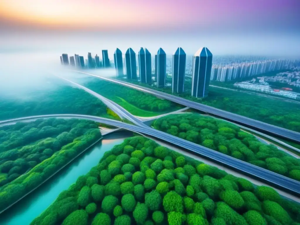 Metrópolis futurista: arquitectura innovadora y sostenible en un entorno natural Invertir en mercados inmobiliarios no convencionales: Ciudad futurista con arquitectura innovadora y sostenible rodeada de vegetación exuberante y sistemas de transporte avanzados