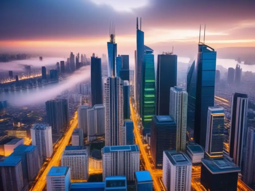 Horizonte urbano en mercado emergente: modernidad y diversidad Invertir en mercados inmobiliarios emergentes: Una ciudad en crecimiento con modernos rascacielos, gente diversa y bulliciosas calles al atardecer