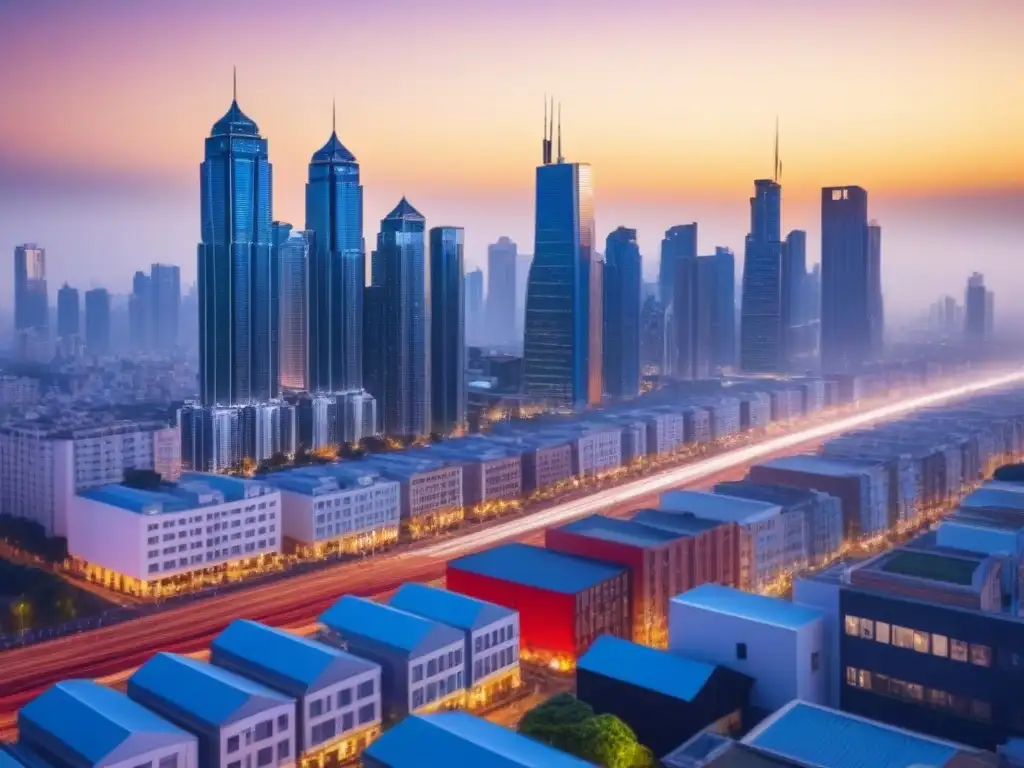 Mercado inmobiliario emergente: fusión de tradición y modernidad Mercados inmobiliarios emergentes: una ciudad moderna y vibrante fusionando arquitectura tradicional y rascacielos, reflejando el potencial de inversión y la influencia de la política en los inversores