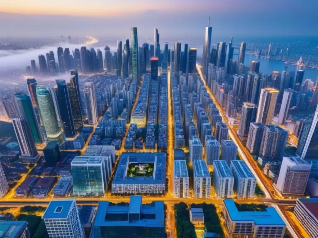 Horizonte urbano vibrante en mercado inmobiliario emergente Urbanización en mercados inmobiliarios emergentes: Vista aérea de modernos rascacielos y calles bulliciosas de una ciudad vibrante en crecimiento
