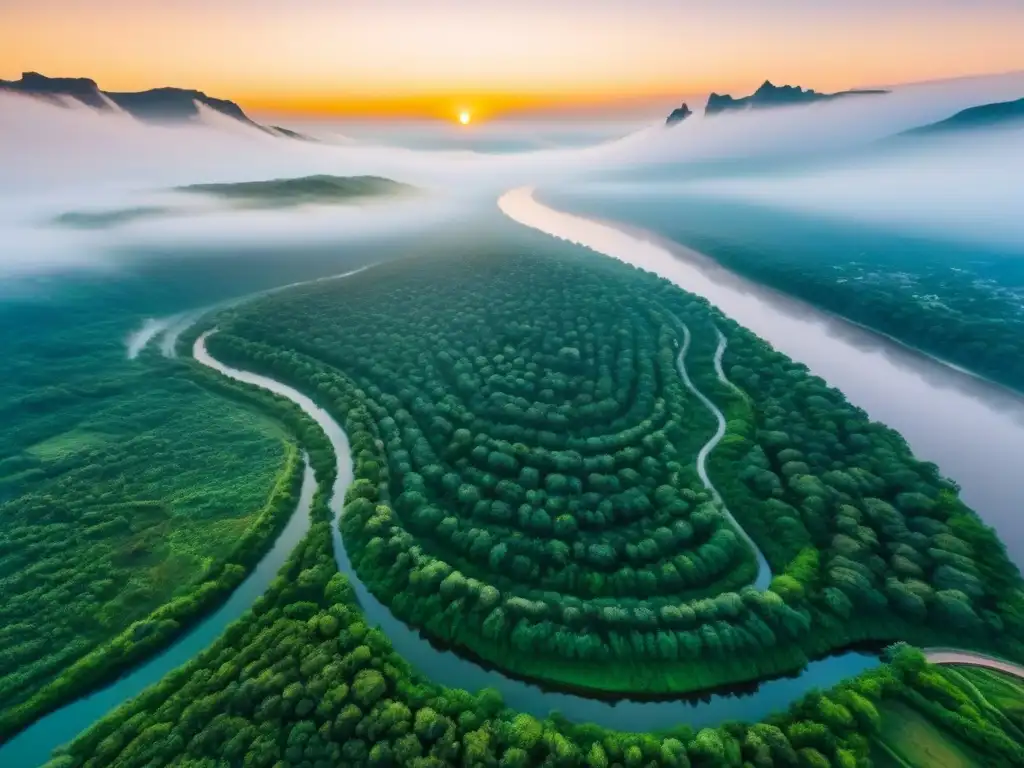Espléndida fusión urbana y natural al atardecer Inversión en mercados inmobiliarios fronterizos: Ciudad próspera con arquitectura moderna y naturaleza exuberante al atardecer