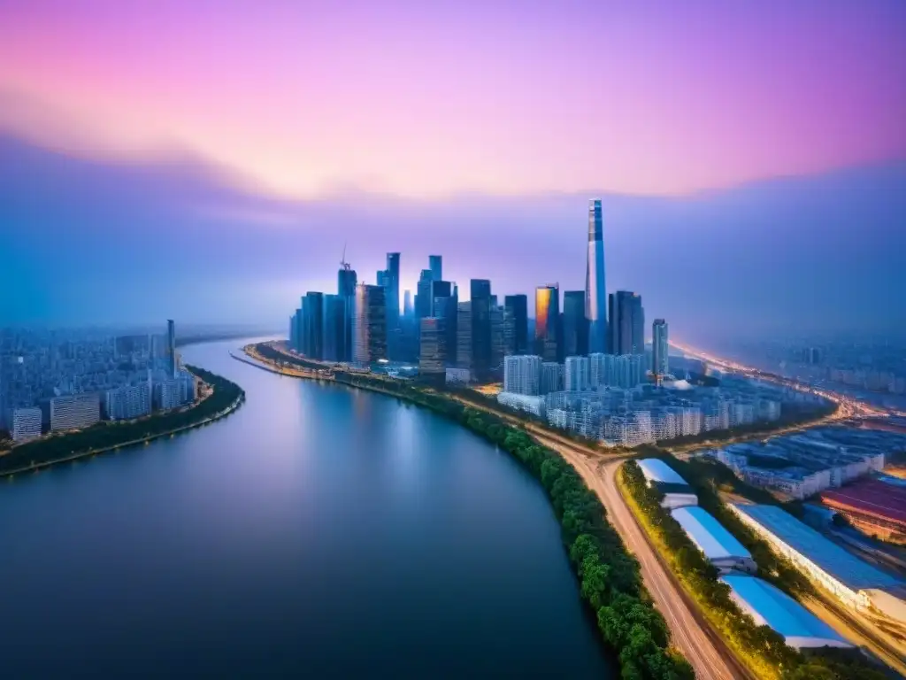 Horizonte urbano al atardecer: luces vibrantes y río sereno Inversión en mercados inmobiliarios fronterizos: Vista aérea impactante de ciudad moderna al anochecer, con rascacielos iluminados y río sereno