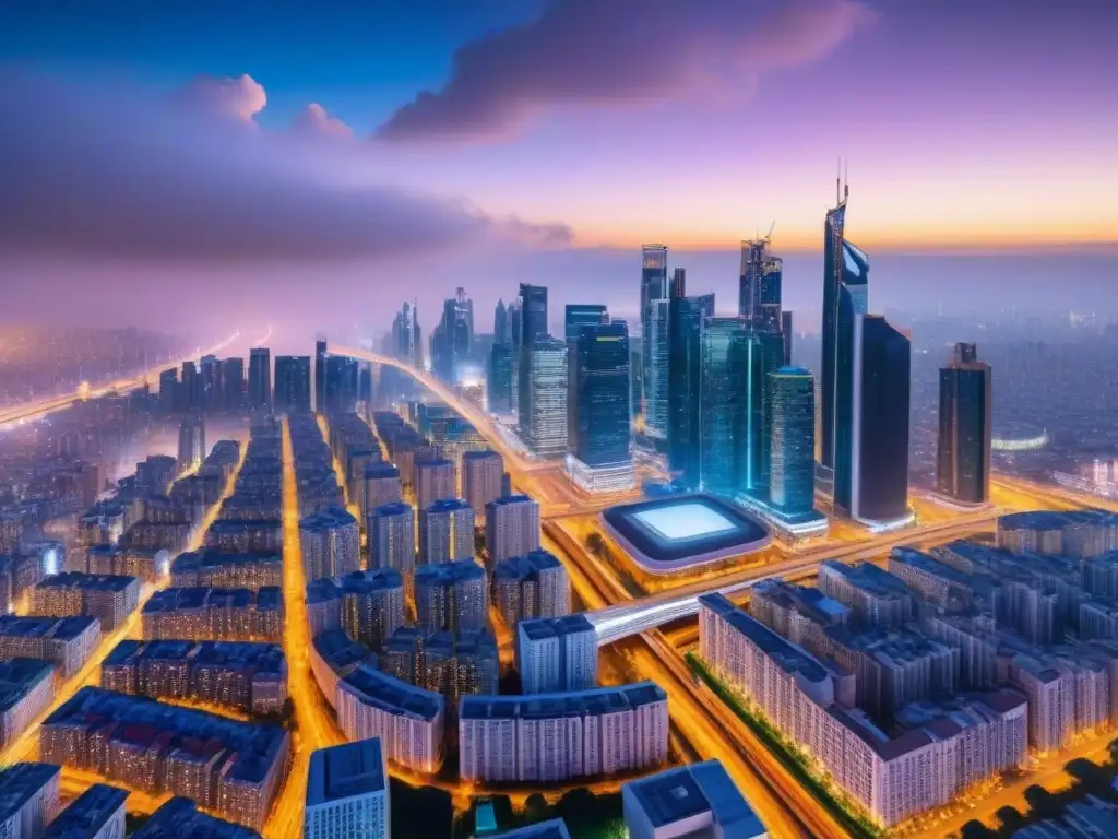 Metrópolis nocturna: modernidad y tecnología urbana en alta resolución Reactivación mercados inmobiliarios urbanización inteligente: Ciudad nocturna moderna y futurista con rascacielos iluminados