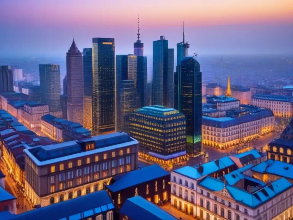 Horizonte urbano: fusión de rascacielos y edificios históricos al anochecer Inversión en mercados inmobiliarios internacionales: La ciudad moderna se fusiona con la historia en un atardecer vibrante