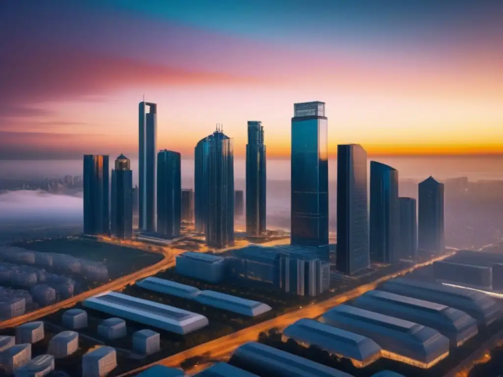 Horizonte futurista: arquitectura innovadora en la luz del atardecer Inversión en mercados inmobiliarios internacionales: Ciudad futurista con arquitectura innovadora iluminada por la puesta de sol