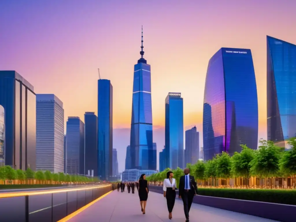 Metrópolis futurista al atardecer: innovación y progreso en el mercado inmobiliario global 2023 Mercados inmobiliarios internacionales potenciales: Profesionales en la ciudad futurista al atardecer