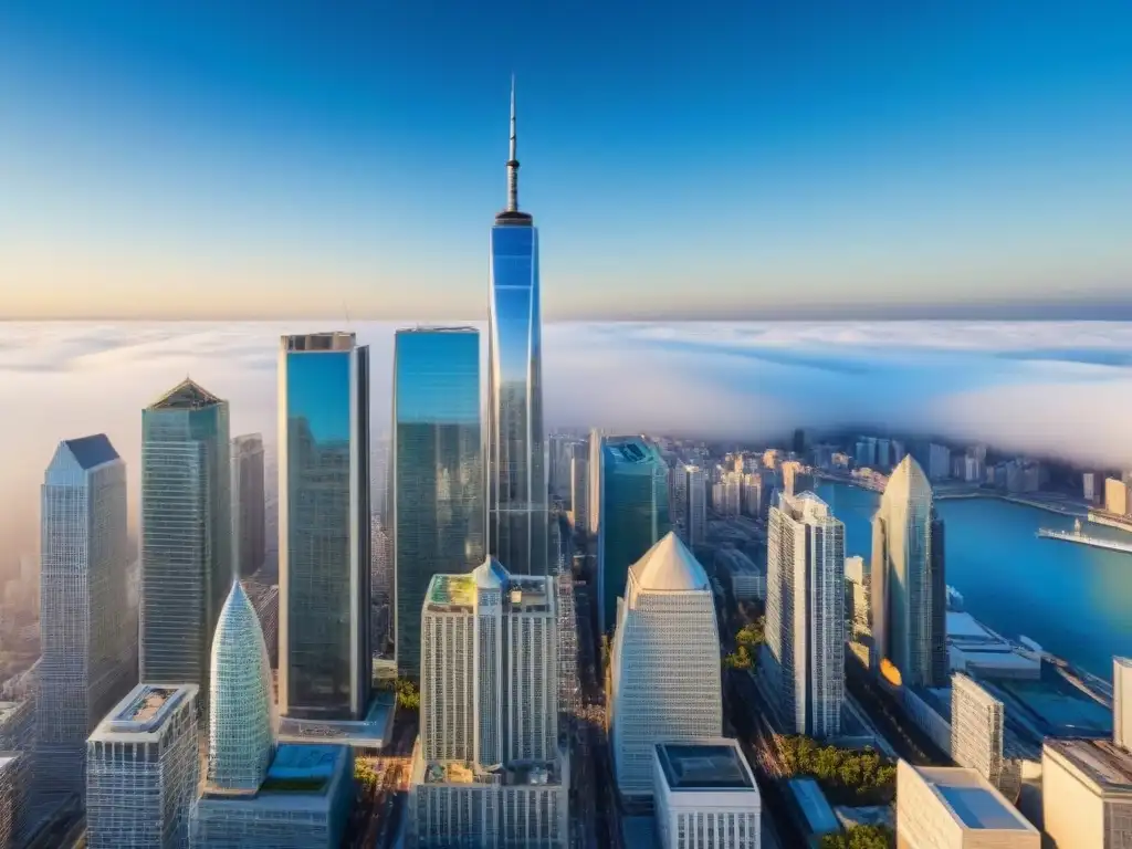 Horizonte financiero: moderna ciudad de rascacielos en crecimiento Invertir en REITs en mercados internacionales: Un horizonte urbano con rascacielos modernos y un edificio de vidrio que simboliza estabilidad y crecimiento en el mercado volátil