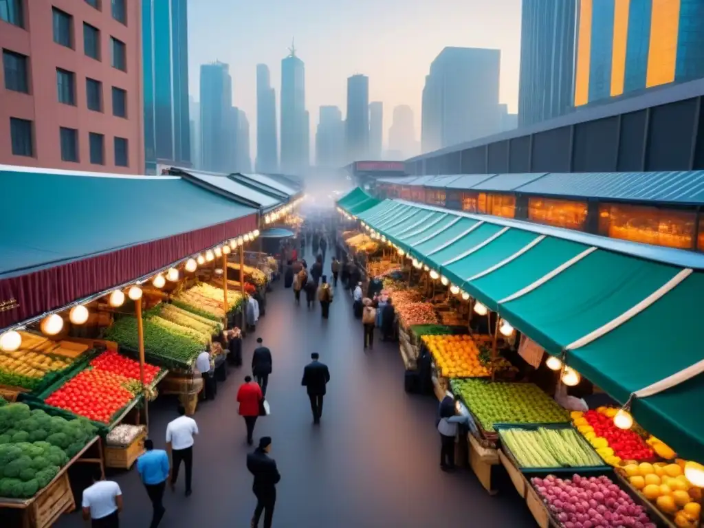 Mercado local vibrante entre rascacielos: frescura y tradición Mercados locales liderando reactivación inmobiliaria: mercado bullicioso entre rascacielos, puestos de productos frescos y arquitectura dinámica