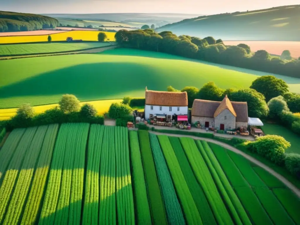 Encantador pueblo rural: mercado animado al atardecer Mercados rurales tendencia inmobiliaria: Hermoso pueblo rural con campos verdes, casas de tejado y mercado lleno de vida al atardecer