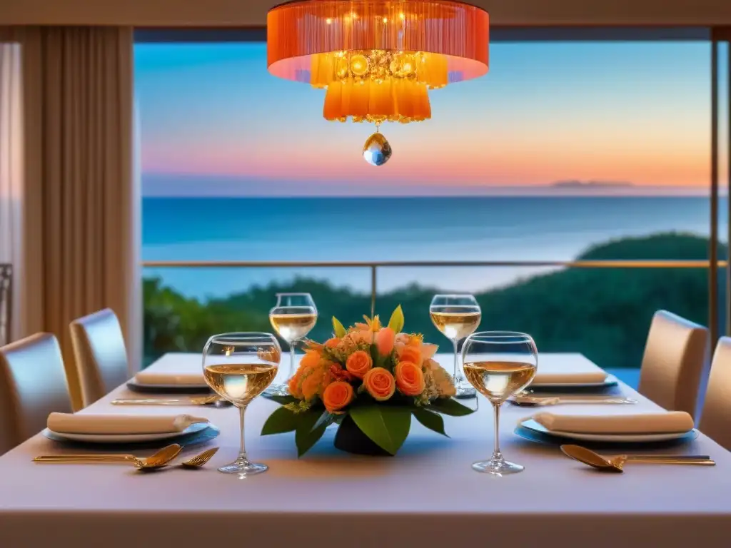 Cena de lujo en resort con vista al mar al atardecer Una mesa de comedor lujosa en un resort de tiempo compartido, con vajilla fina, cristalería brillante y cubiertos exquisitos
