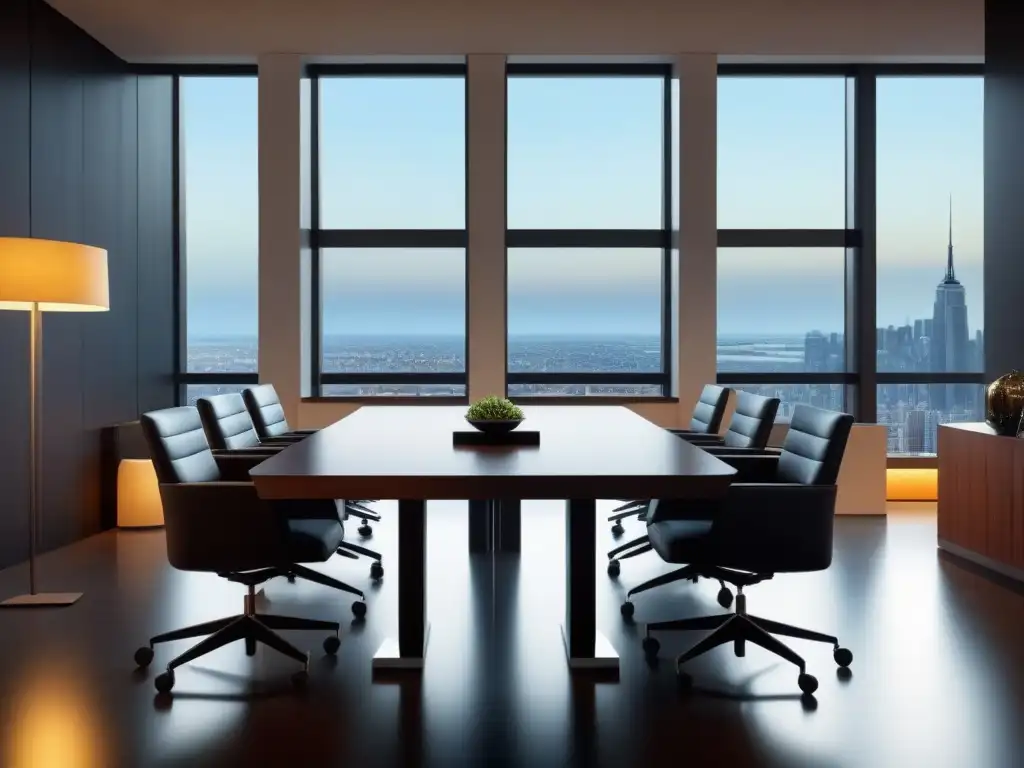 Oficina de Negociación Profesional: Mesa de Contratos y Estrategias Una mesa de negociación profesional en un entorno elegante con sillas de cuero, contratos y gráficos