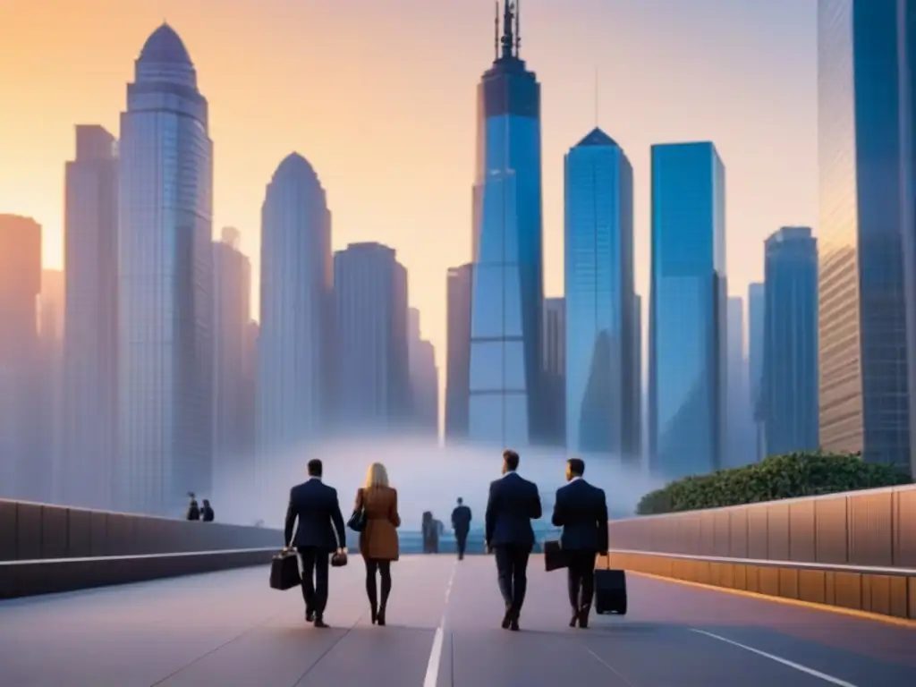 Horizonte urbano al atardecer: éxito y sofisticación en la ciudad Metas realistas negocio propiedades alquiler: Atardecer en la ciudad con rascacielos de cristal reflejando el sol, gente transitando la calle