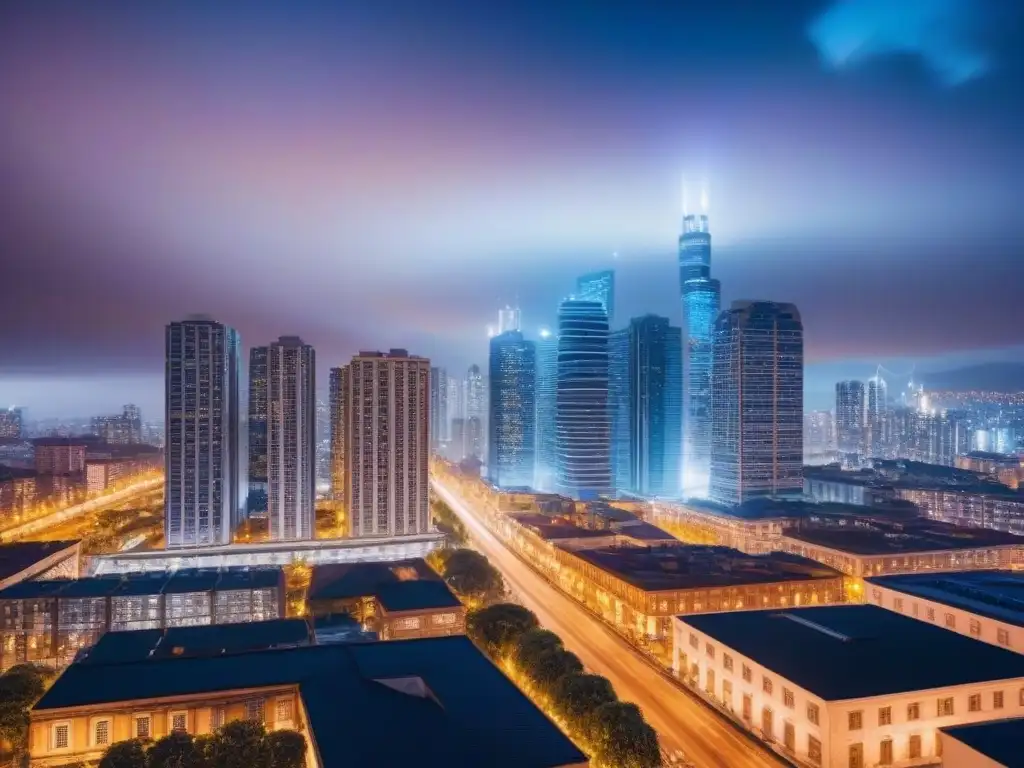Vibrante metrópolis nocturna: luces, movimiento y prosperidad urbana Una metrópoli nocturna llena de vida, con rascacielos iluminados, calles bulliciosas y una red de luces brillantes, reflejando la dinámica de los micromercados inmobiliarios rentables internacionales