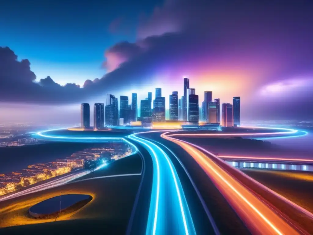 Fortaleza digital: protegiendo activos en la ciudad virtual Una metrópolis digital futurista con propiedades interconectadas, resaltando la importancia de auditorías seguridad propiedades digitales