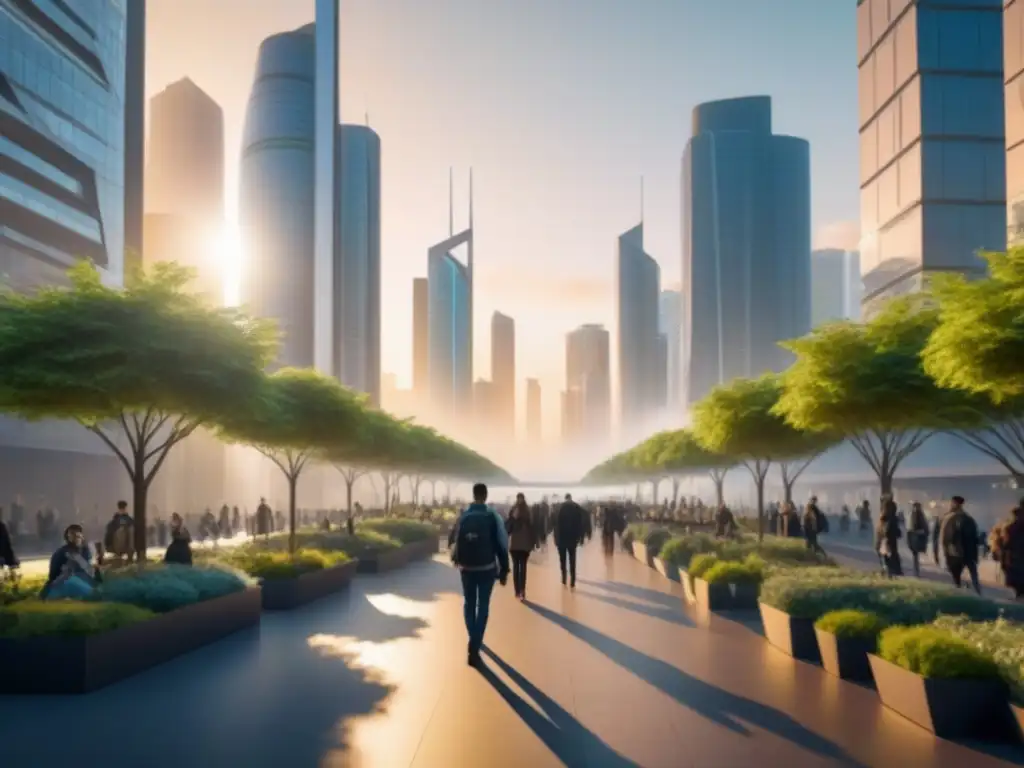 Metrópolis futurista: armonía entre modernidad y naturaleza Una metrópolis futurista con arquitectura moderna y naturaleza integrada, reflejando la armonía entre generaciones en un entorno urbano avanzado