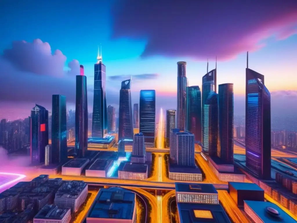 Metrópolis futurista: luces neón y tecnología avanzada Una metrópolis futurista brillante con luces de neón y hologramas, donde convergen tecnologías emergentes e inversión inmobiliaria global