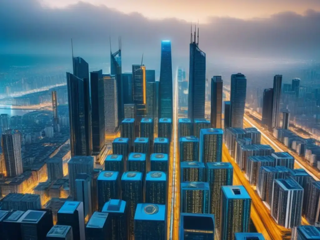 Metrópolis futurista con Bitcoin: Integración en arquitectura 8k Una metrópolis futurista con criptomonedas integradas en edificios altos, representando la fusión entre tecnología blockchain y bienes raíces