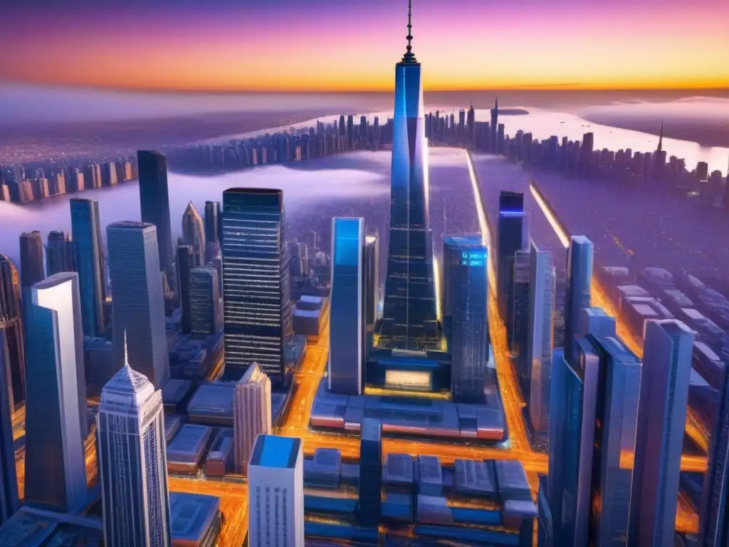 Metrópolis futurista al atardecer: impacto de la adquisición de Move, Inc Una metrópolis futurista iluminada por un atardecer vibrante, reflejando la adquisición de Move, Inc