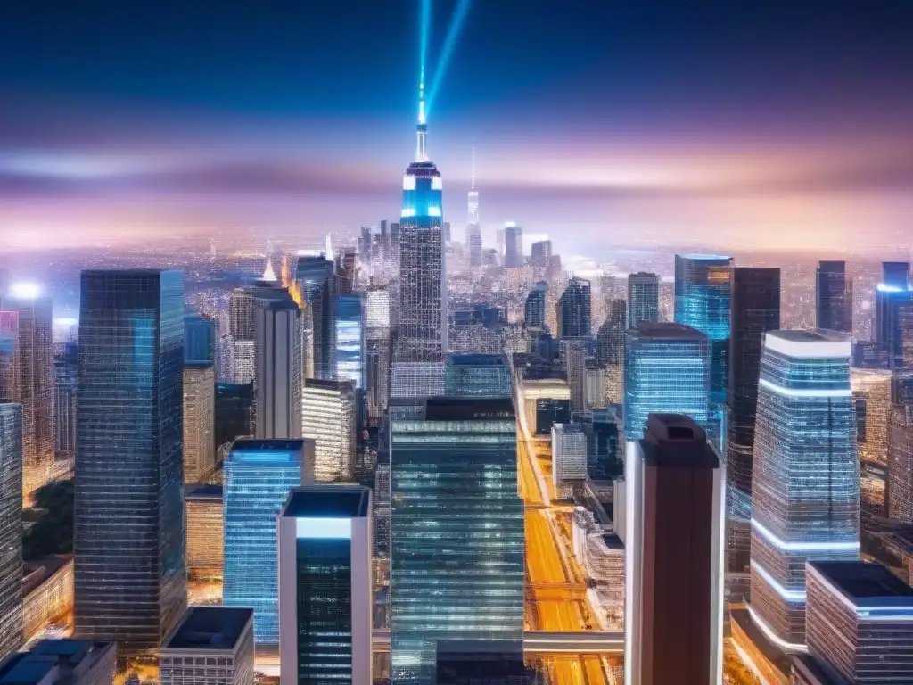 Metrópolis futurista: Integración de datos en bienes raíces Una metrópolis futurista iluminada por datos, fusionando tecnología Big Data en el mercado inmobiliario